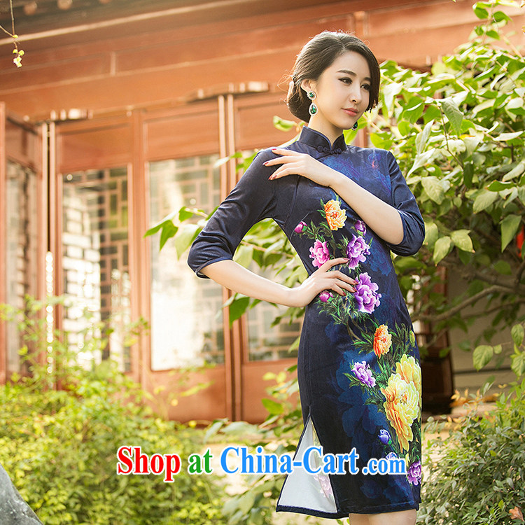 Property is property, 2015 New National wind girls with the velvet cheongsam beauty skirt stylish improved retro short cheongsam blue XXL pictures, price, brand platters! Elections are good character, the national distribution, so why buy now enjoy more preferential! Health