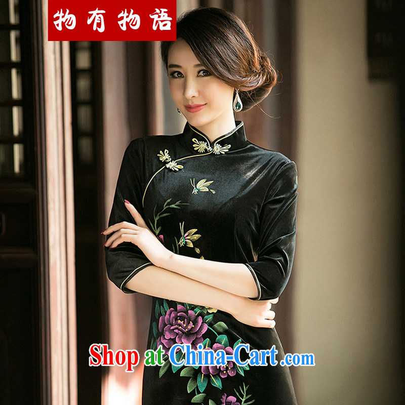 A Chinese Spring 2015 the new high-end embroidered cheongsam improved Stylish retro daily video thin elegant velour cheongsam dress black XXL