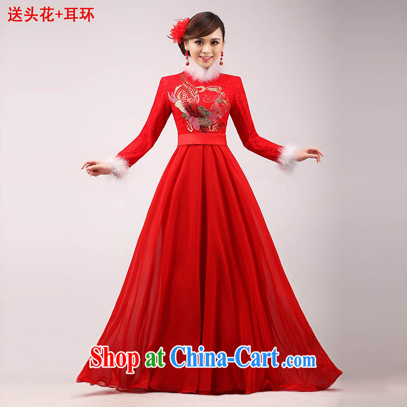 married love marriages served toast cheongsam 2015 New Red quilted long, long-sleeved qipao Chinese improved winter clothing female white hair collar XL, married love, shopping on the Internet