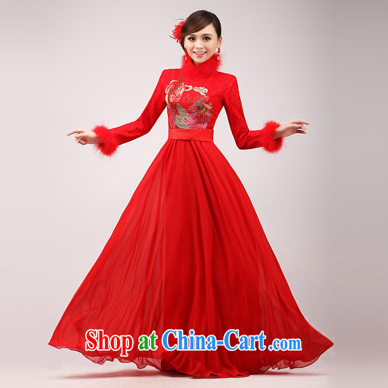 married love marriages served toast cheongsam 2015 New Red quilted long, long-sleeved qipao Chinese improved winter clothing female white hair collar XL, married love, shopping on the Internet
