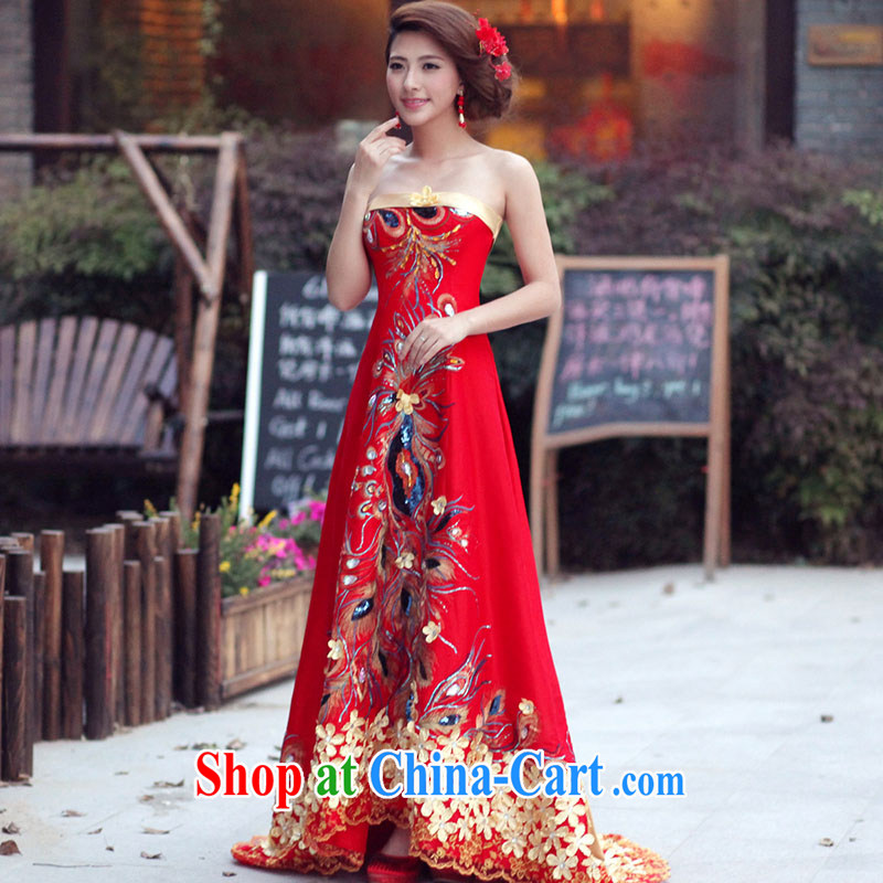Marriages served toast 2015 new wedding dresses Phoenix tail dress Long skirts dress winter female gold straps, XL
