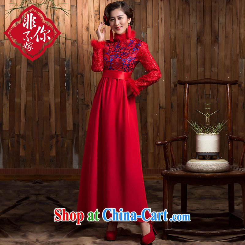 Non-you don't marry 2014 autumn and winter bridal dresses wedding red bows Service Bridal fitted with cotton long skirt long-sleeved red 2 XL