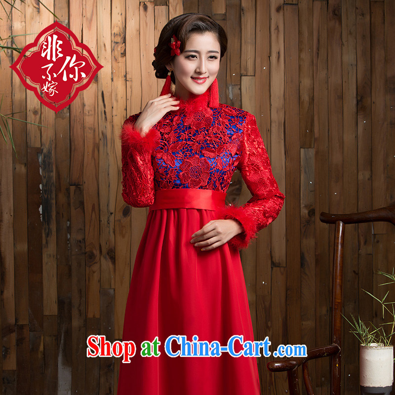 Non-you don't marry 2014 autumn and winter bridal dresses wedding red bows Service Bridal fitted with cotton long skirt long-sleeved red 2 XL, non-you are not married, and shopping on the Internet