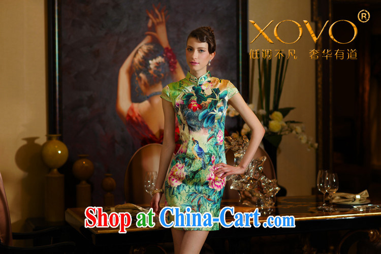 XOVO big ladies' 2014 summer improved stylish heavy Silk Cheongsam shirt retro sauna Silk Cheongsam green garden Peony XXL pictures, price, brand platters! Elections are good character, the national distribution, so why buy now enjoy more preferential! Health