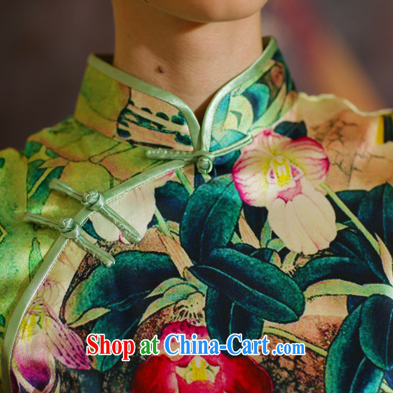 XOVO big ladies' 2014 summer improved stylish heavy Silk Cheongsam shirt retro sauna Silk Cheongsam green garden Peony XXL, XOVO, shopping on the Internet