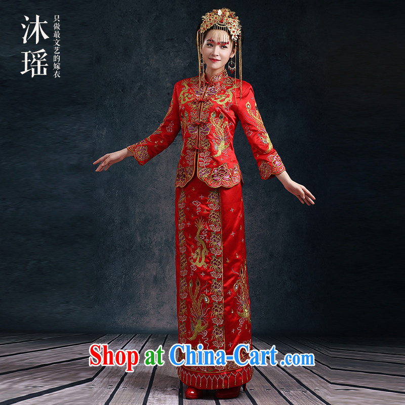 Mu Yao bride Chinese bows serving Phoenix and long-sleeved costumes dress wedding small 5 well embroidery hand sewing, red XL chest of more than 92, Mu Yao, shopping on the Internet