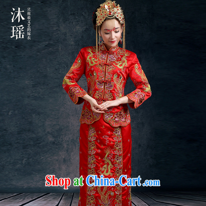 Mu Yao bride Chinese bows serving Phoenix and long-sleeved costumes dress wedding small 5 well embroidery hand sewing, red XL chest of more than 92, Mu Yao, shopping on the Internet