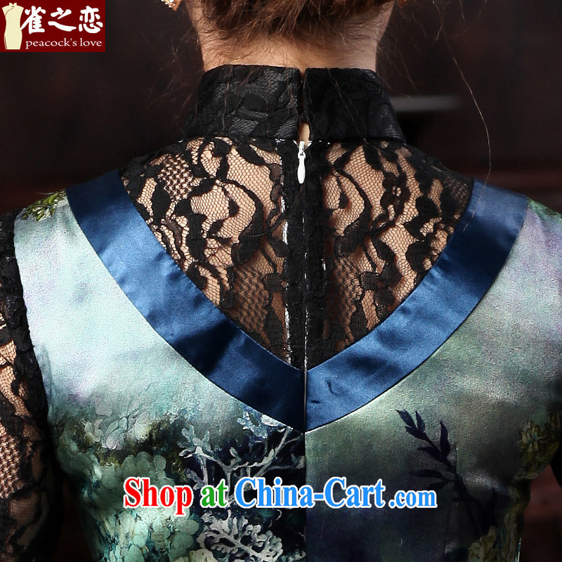 Birds of love deep house display 2015 spring new cheongsam dress elegant lace stitching improved Silk Cheongsam long blue XXL, birds love, and shopping on the Internet