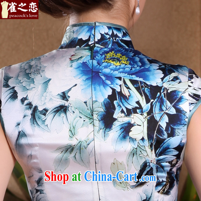 Birds love poems, so 2015 summer new improved stylish upmarket heavy Silk Cheongsam day Blue on white flower XXL, birds love, and shopping on the Internet