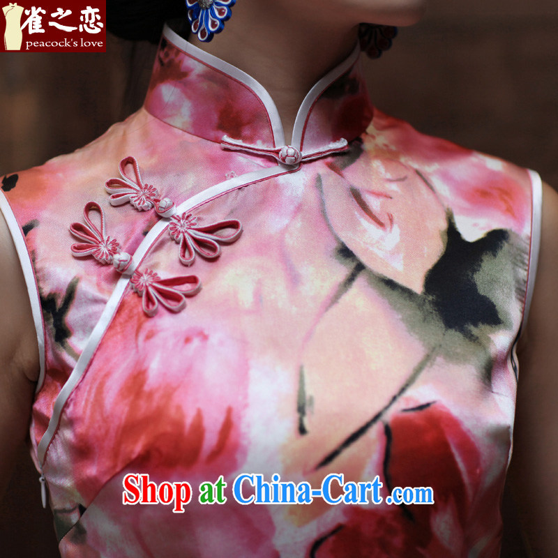 Bird lovers of flowers shadow trace heavy silk facade Lotus outfit improved stylish daily short Silk Cheongsam pink XXL, birds love, and shopping on the Internet