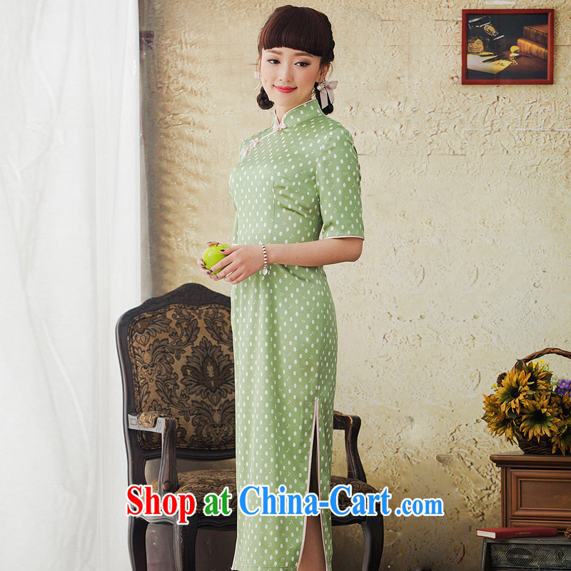 once and for all and fatally jealous Qin Yuan high-end dot stamp long, silk cheongsam improved retro sauna Silk Cheongsam dress the green L, fatally jealous once and for all, and, on-line shopping