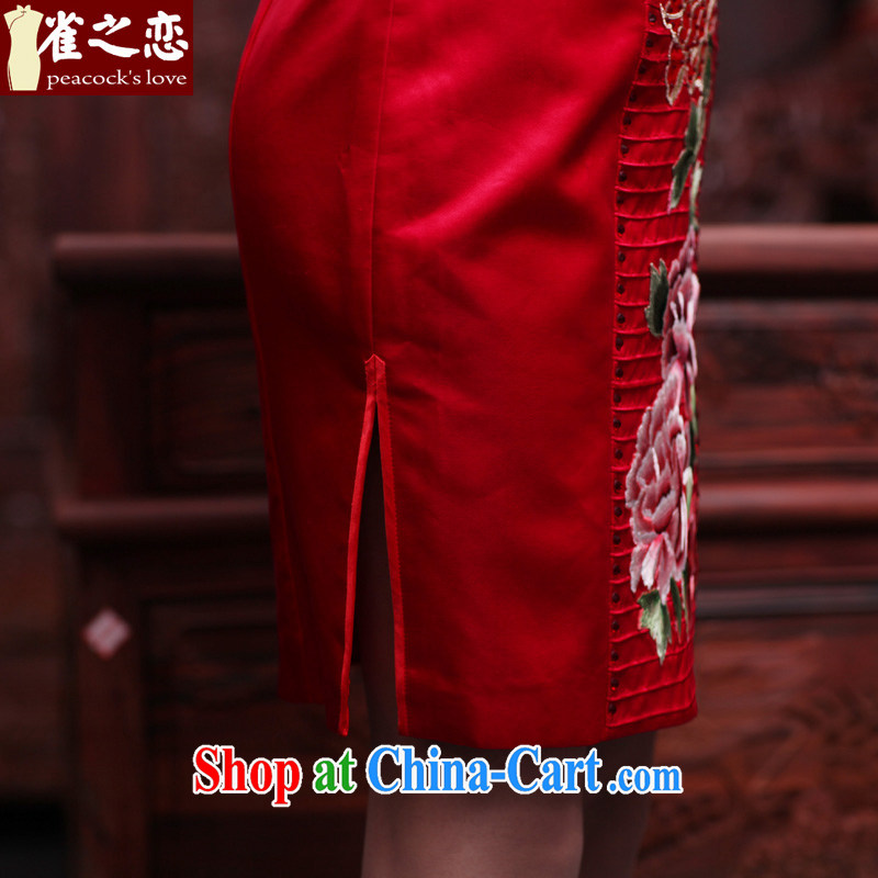 Bird lovers of Yuanyang note 2015 spring new short manual and embroidered heavy Silk Cheongsam QD 442 red XL, birds love, and shopping on the Internet