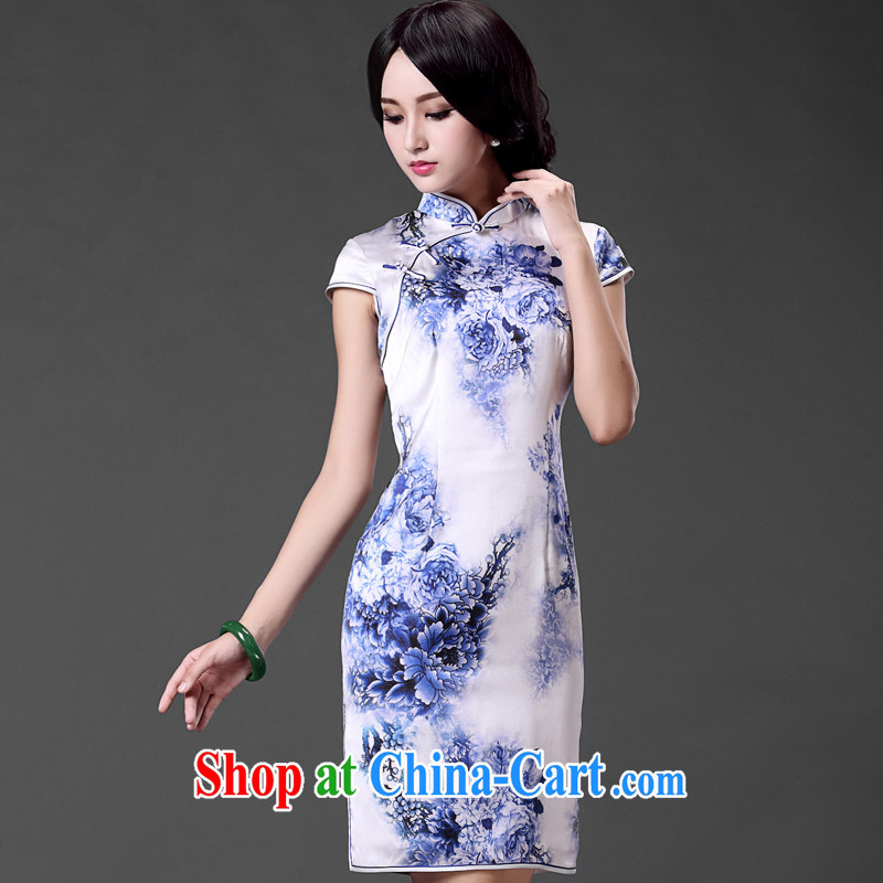 China classic improved high quality heavy Silk Cheongsam Ms. sauna silk short-sleeved dresses beauty Art Nouveau floral M, China Classic (HUAZUJINGDIAN), online shopping