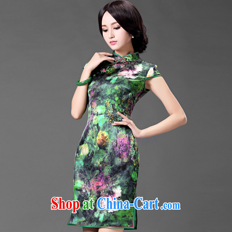 China classic spring and summer stylish everyday, heavy silk sauna Silk Cheongsam dress improved retro short green XXL, China Classic (HUAZUJINGDIAN), online shopping