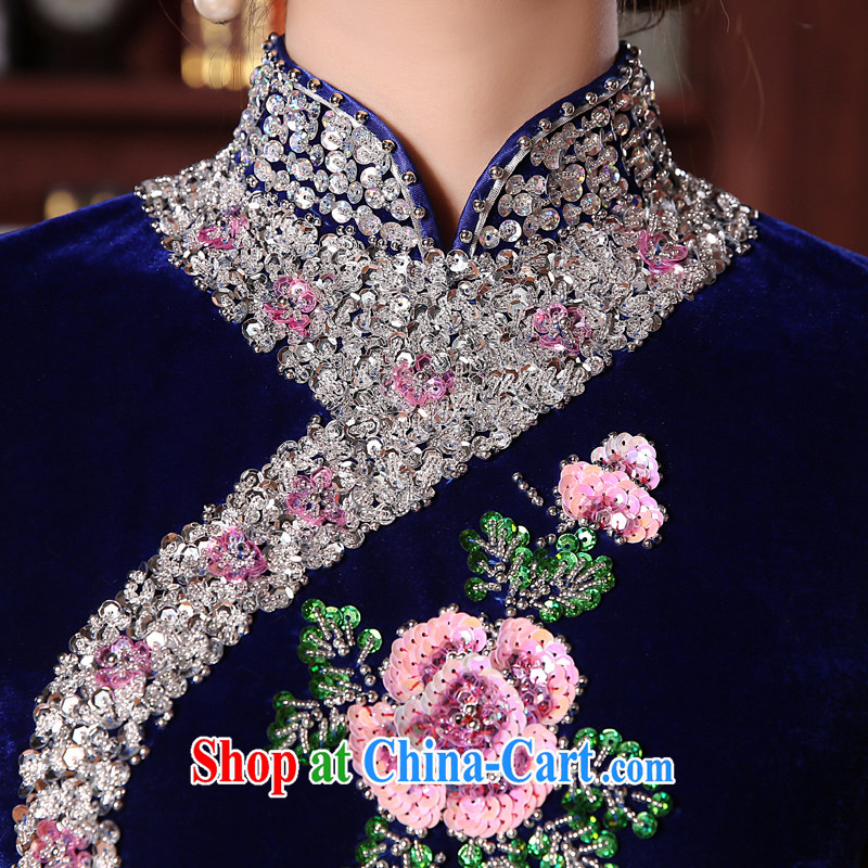 Early Morning, spring and autumn 2015 new stylish and refined antique cuff in luxury manually staple Pearl velvet cheongsam dress blue short-sleeved short XXL, Morning land, shopping on the Internet