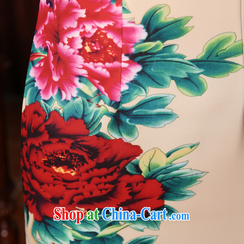 Morning, dresses new 2015 spring retro long improved stylish Chinese qipao dress rich Peony light yellow XXL morning land, shopping on the Internet