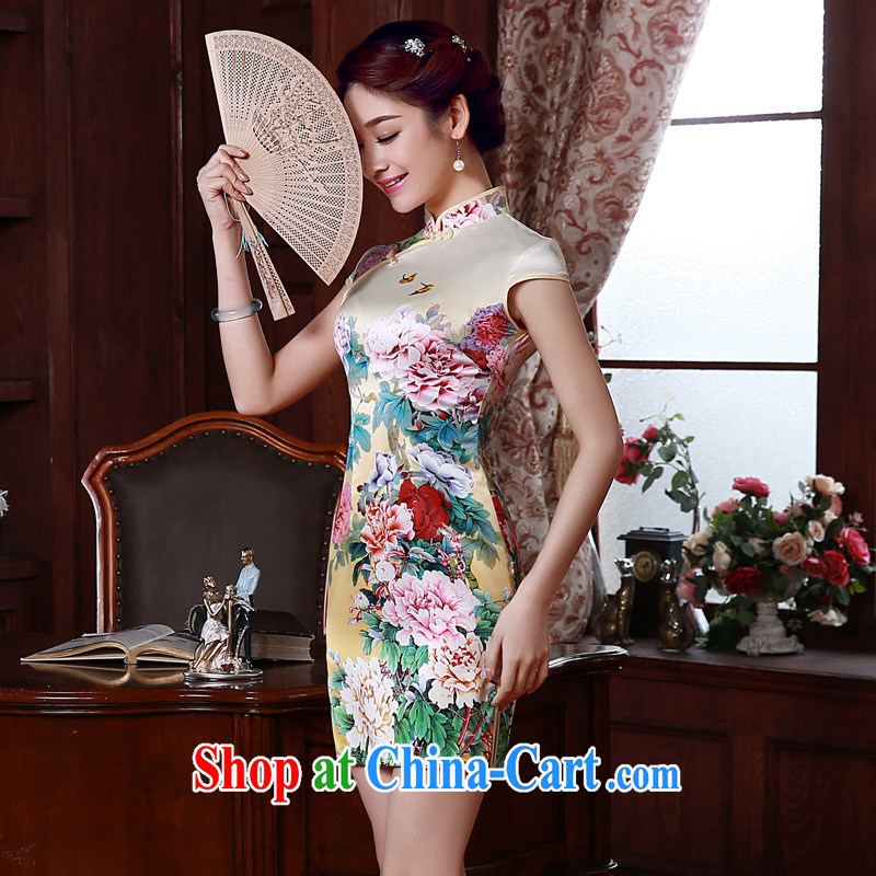 Morning, dresses new 2015 summer retro short improved stylish sauna silk silk Chinese qipao Peony yellow L