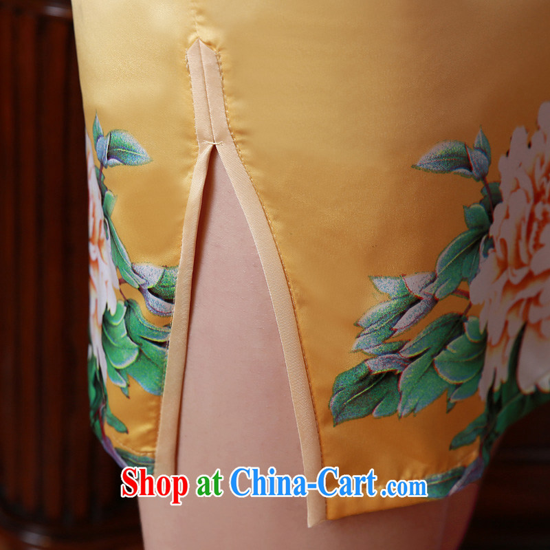 Morning dresses, new 2015 summer retro short improved stylish sauna silk silk Chinese qipao Peony yellow L morning land, shopping on the Internet