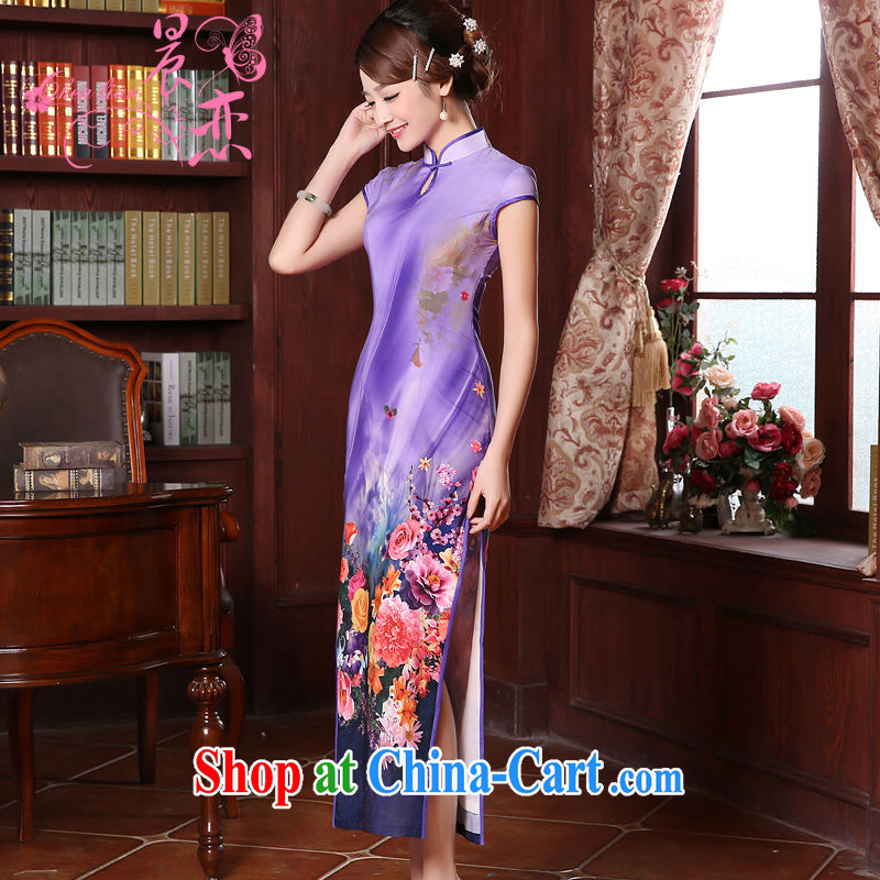 Morning dresses, new summer retro long improved stylish sauna silk silk Chinese qipao dress pink Purple Purple M, Morning land, shopping on the Internet