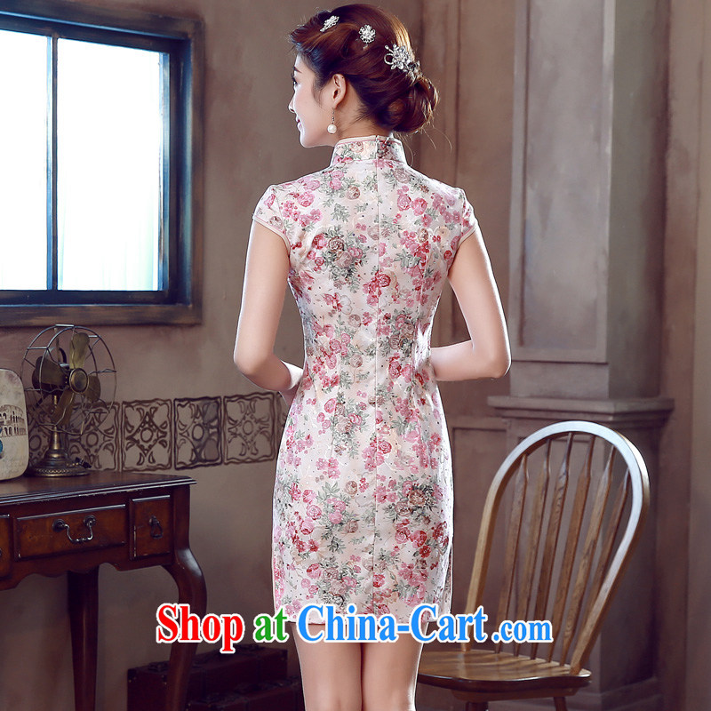 Morning love 2015 summer new stylish improved retro short cheongsam dress Chinese daily Pink Blue pink XXL, Morning land, shopping on the Internet