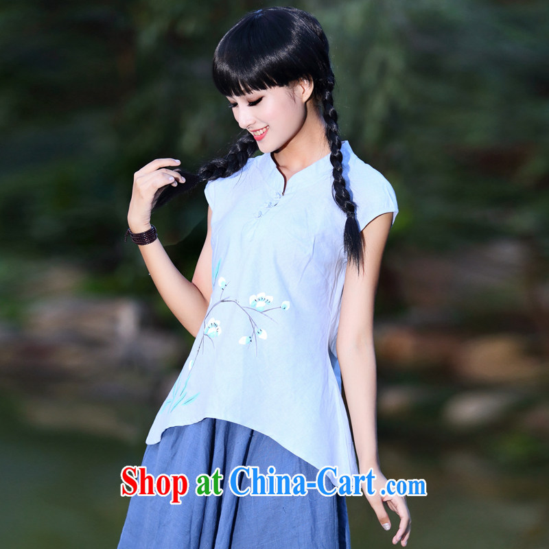 China classic summer short-sleeved Chinese linen casual simplicity and Chinese Ethnic Arts, short-sleeved hand-painted T-shirt girl Lake blue XXL, China Classic (HUAZUJINGDIAN), online shopping