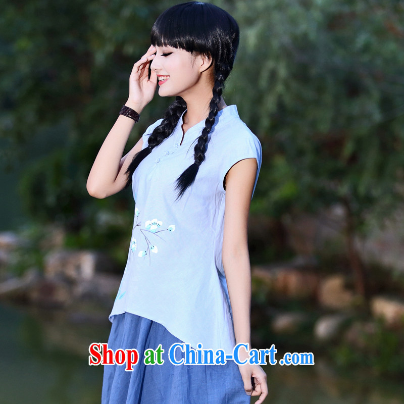 China classic summer short-sleeved Chinese linen casual simplicity and Chinese Ethnic Arts, short-sleeved hand-painted T-shirt girl Lake blue XXL, China Classic (HUAZUJINGDIAN), online shopping