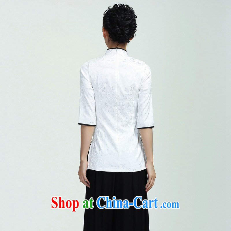 Gakka 2015 spring and summer new stylish stitching stamp cultivating Chinese 7 cuff improved cheongsam Chinese female in her sleeves T-shirt with white XL, click the (GAKKA), online shopping