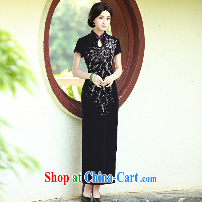 Middle-aged ladies wedding dress upscale luxury mother Kim wool dresses, long dresses improved retro spring and summer purple short-sleeved XXL, China Classic (HUAZUJINGDIAN), online shopping