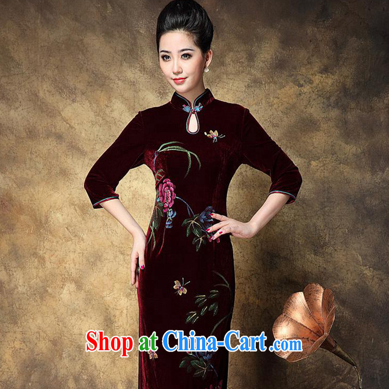 Ya-ting store wedding dress Chinese qipao improved stylish low on the truck velour hand-painted flowers retro long cheongsam mom with maroon XXL, blue rain bow, and, shopping on the Internet