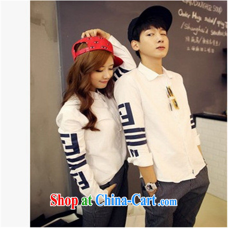 Ya-ting store 2015 spring new love Korean alphabet stitching lapel long-sleeved stamp lovers shirt, white uniform XXL, blue rain bow, and shopping on the Internet