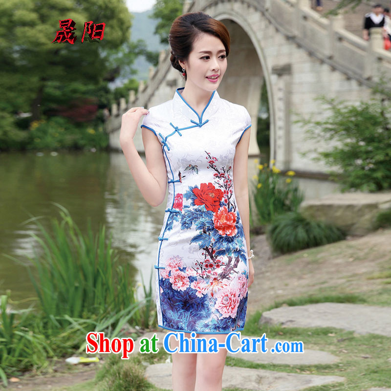 Sung Yang 2015 new summer and fall with a short-sleeved personalized buckle fashion, for fine embroidery stamp Lotus Old China wind retro blue flowers XXL