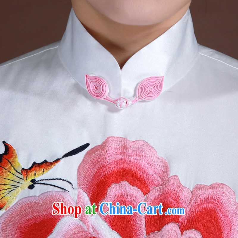once and for all, good standard manual custom peony flower embroidery Chinese dinner dress spring white silk cheongsam white L 20 Day Shipping, once and for all (EFU), and shopping on the Internet