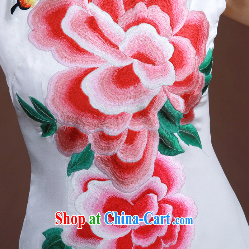 once and for all, good standard manual custom peony flower embroidery Chinese dinner dress spring white silk cheongsam white L 20 Day Shipping, once and for all (EFU), and shopping on the Internet