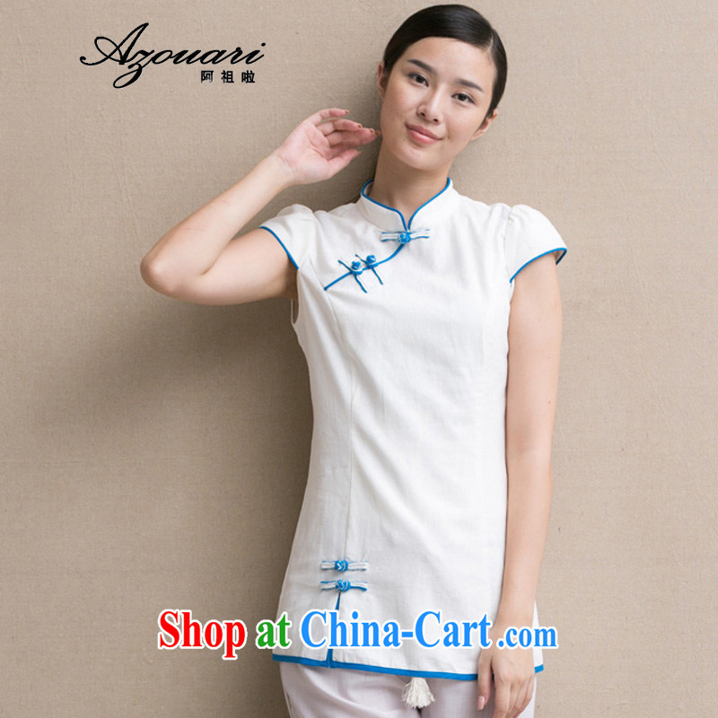 The TSU defense _Azouari_ Han-retro improved female cheongsam shirt cotton the comfortable female Chinese, short-sleeved T-shirt white spell color M