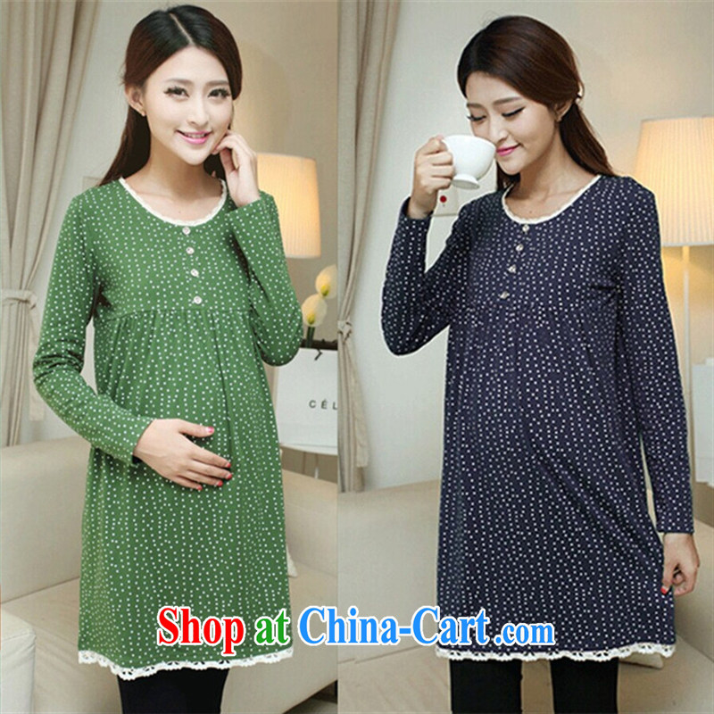 Ya-ting store Korean pregnant women with spring new stylish dot stamp pregnant women pregnant women T-shirt dresses green XL