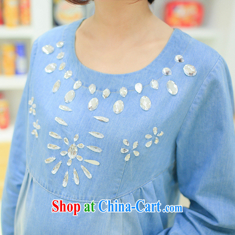 Ya-ting store pregnant women with Korean spring new denim long-sleeved maternity dress nails Pearl pregnant women T-shirt blue XL, blue rain bow, and shopping on the Internet