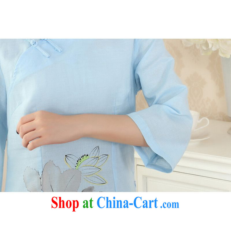 And Jing Ge female Tang Women's clothes summer wear T-shirt, for a tight hand-painted cotton the Chinese Han-female improved light blue 2 XL, Miss Au King pavilion, shopping on the Internet