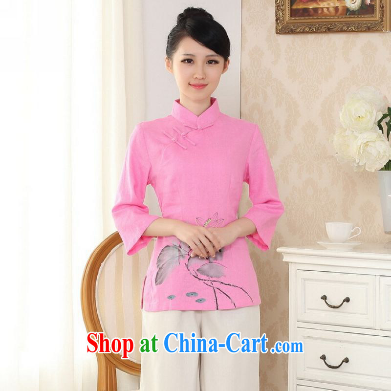 And Jing Ge female Tang Women's clothes summer T-shirt, for a tight hand-painted cotton the Chinese Han-female improved pink 2 XL