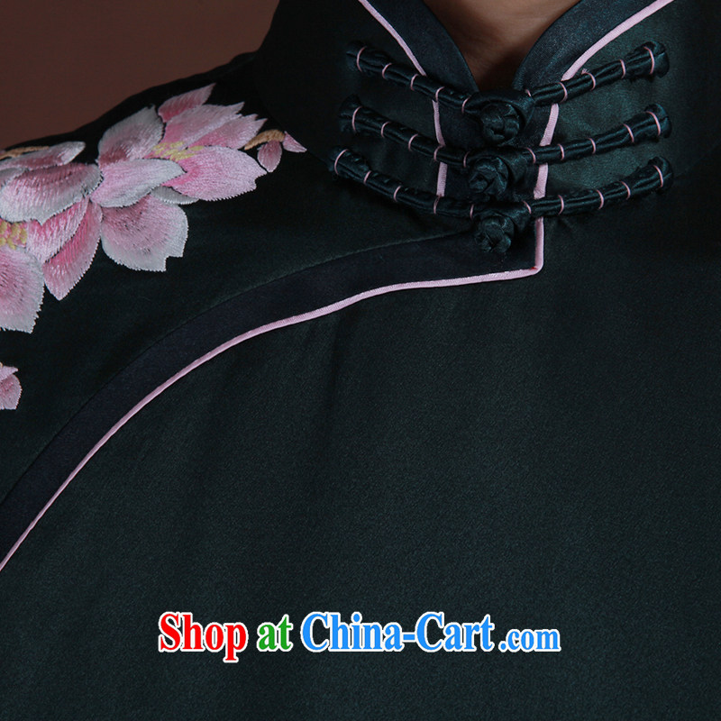 once and for all, dark green hand embroidery cheongsam heavy silk short cheongsam retro elegant Chinese style clothing high-end a dark tailored 20 Day Shipping, once and for all (EFU), online shopping