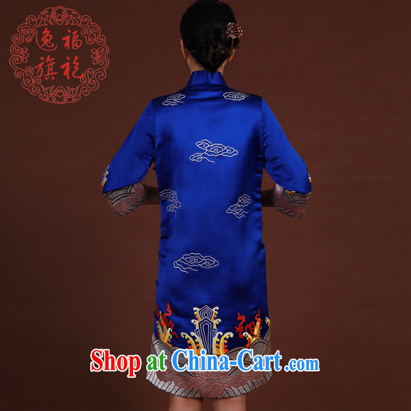 once and for all, embroidery cheongsam female stars, with long gowns dresses high-end custom, long-sleeved Silk Cheongsam winter Po-blue tailored 20 Day Shipping, once and for all, (EFU), online shopping