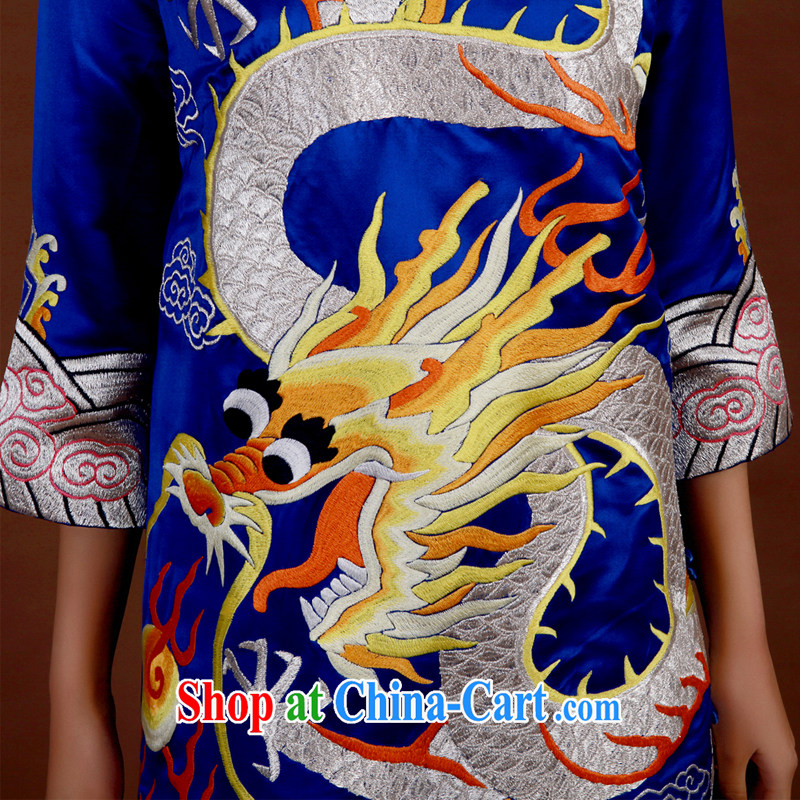 once and for all, embroidery cheongsam female stars, with long gowns dresses high-end custom, long-sleeved Silk Cheongsam winter Po-blue tailored 20 Day Shipping, once and for all, (EFU), online shopping