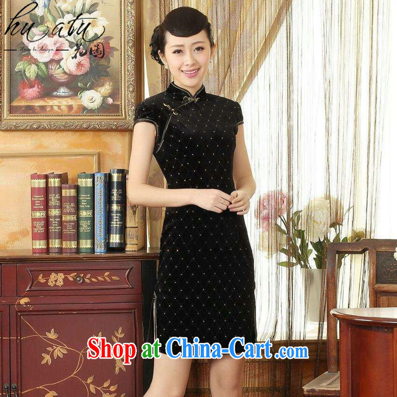 Take the Chinese qipao summer new girls improved the collar and elegant stretch the wool stylish classic short-sleeved short cheongsam black XL, figure, and shopping on the Internet