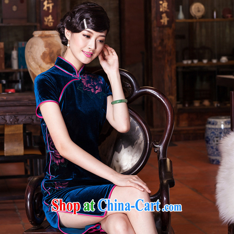 Royal Seal Yin Yue 2015 standard wool staple beads hand-painted daily cheongsam elegant improved national cheongsam dress E 398 green XXL seal, Yin Yue, shopping on the Internet