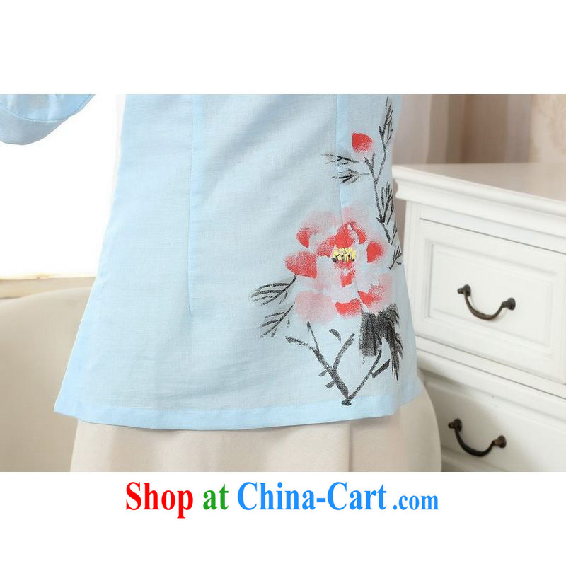 Allow Ms. Jing Tang Women's clothes summer T-shirt, cotton for the hand-painted Chinese Han-female improved Tang on the cuff - A blue 2 XL, facilitating Jing, shopping on the Internet