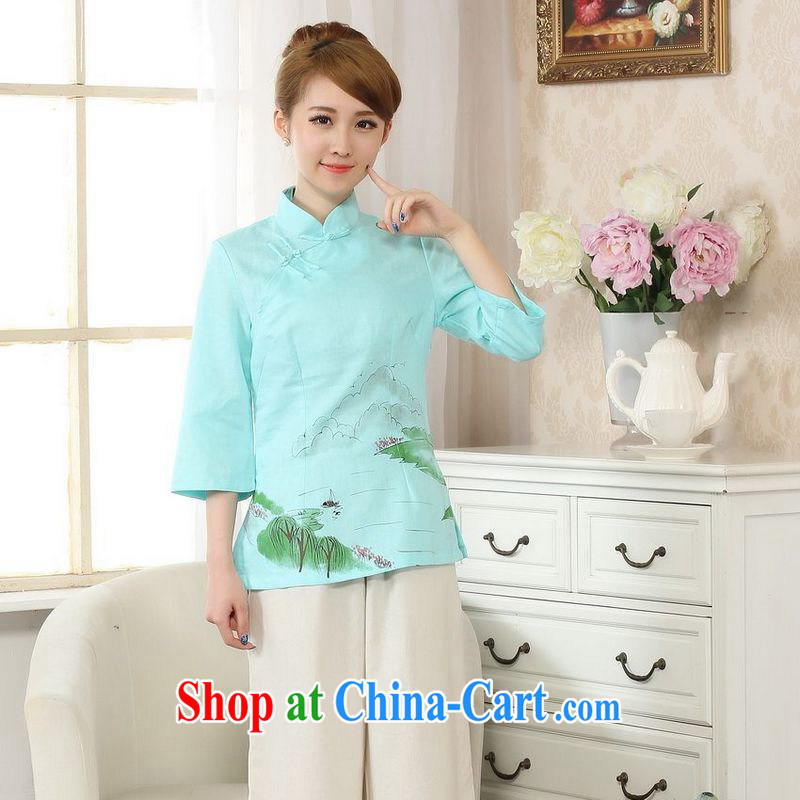 Allow Ms. Jing Tang Women's clothes summer T-shirt, cotton for the hand-painted Chinese Han-female improved Tang on the cuff - C Lake blue 2 XL, an Jing, shopping on the Internet