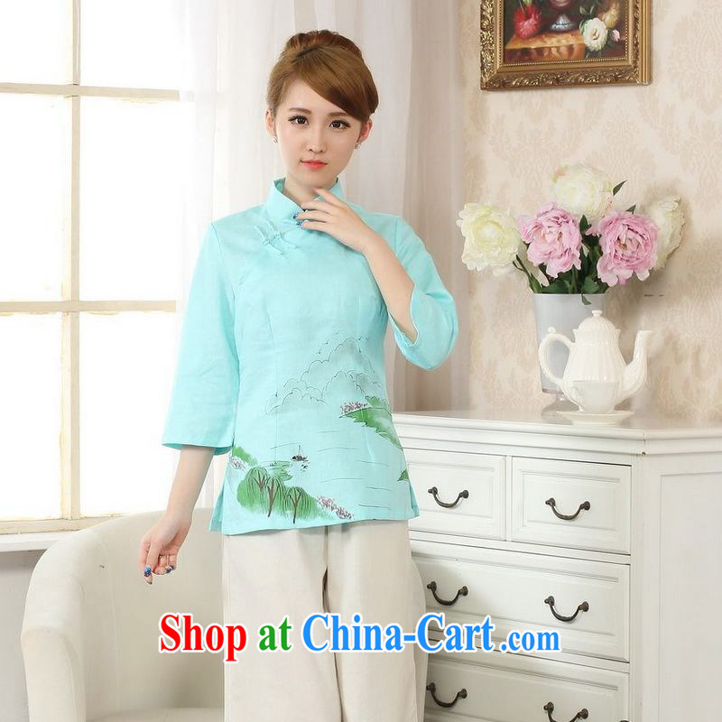 Allow Ms. Jing Tang Women's clothes summer T-shirt, cotton for the hand-painted Chinese Han-female improved Tang on the cuff - C Lake blue 2 XL, an Jing, shopping on the Internet