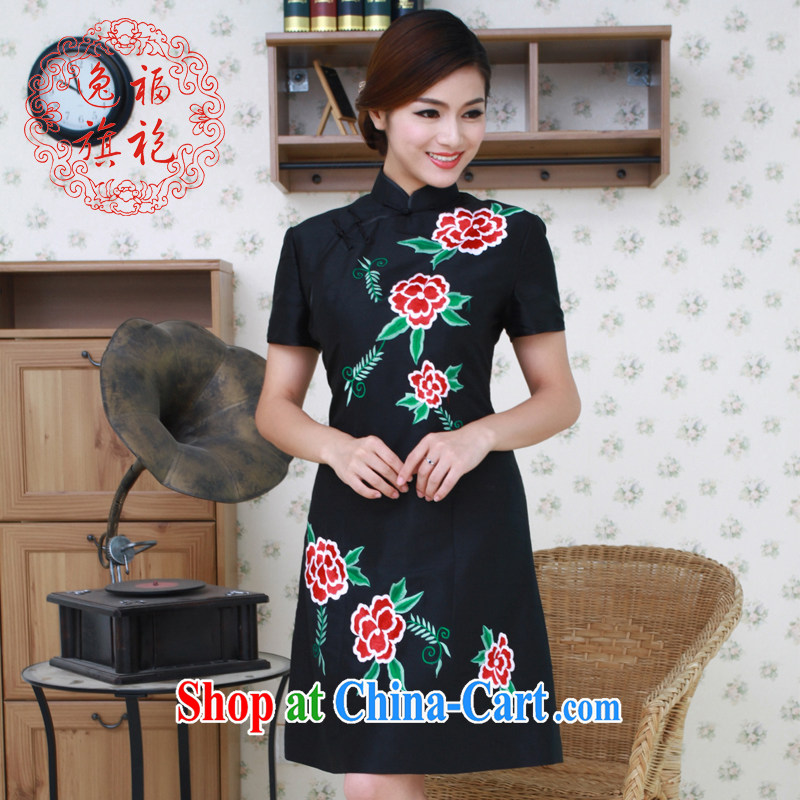 once and for all, black embroidered cheongsam dress improved short cheongsam double-palace Silk Cheongsam with autumn Advanced Custom Black tailored 20 day shipping