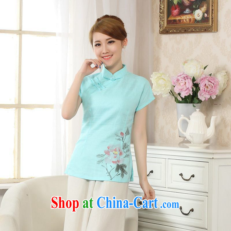Allow Ms. Jing Tang Women's clothes summer T-shirt, cotton for the hand-painted Chinese Han-female improved Chinese short-sleeve - C Lake blue 2 XL