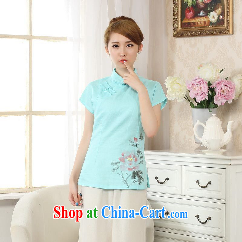 Allow Ms. Jing Tang Women's clothes summer wear T-shirt, cotton for the hand-painted Chinese Han-female improved Tang on short-sleeved - C Lake blue 2 XL, an Jing, shopping on the Internet