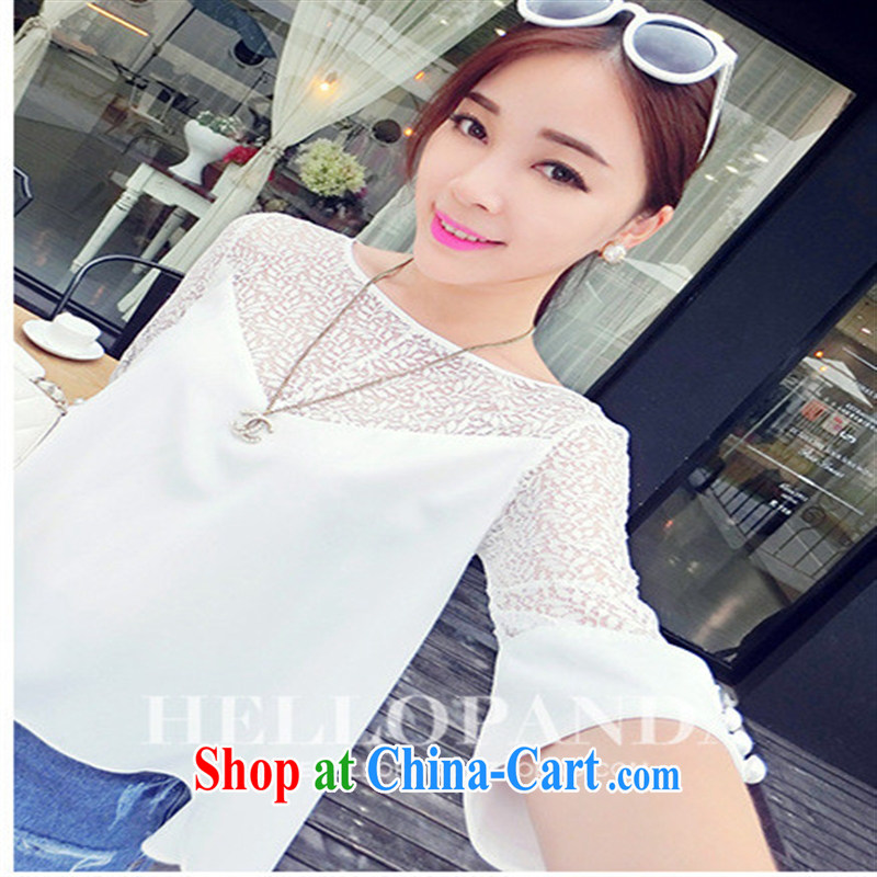 9 month dress women autumn 2014 new Europe for V spell lace cuff snow woven shirts T shirts white are code